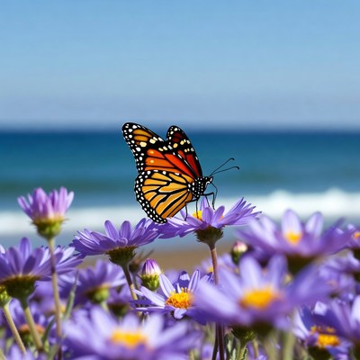 Monarch Butterfly on Purple Daisies Beach