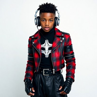 African-American boy in headphones and leather jacket