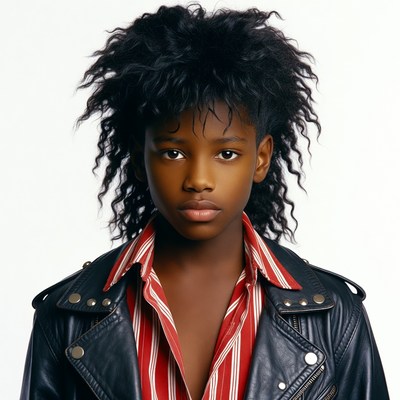 African-American woman with curly hair and leather jacket