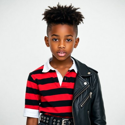 African-American boy in striped shirt leather jacket