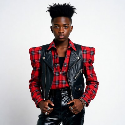 African-American boy in plaid leather vest