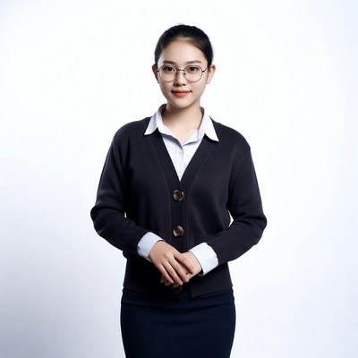Asian woman in navy blazer skirt