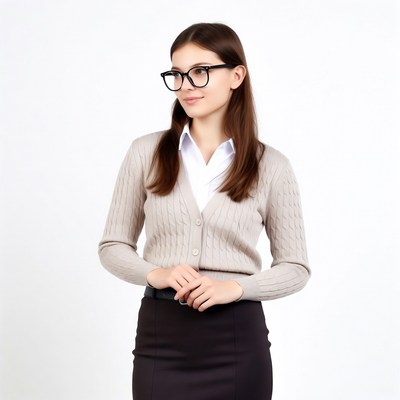 Woman in cardigan and skirt with glasses