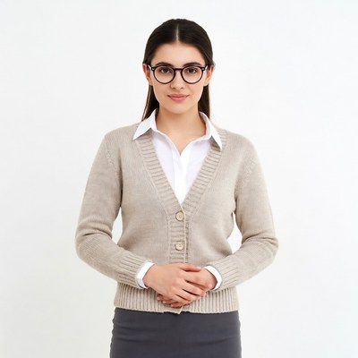 Woman in cardigan and glasses