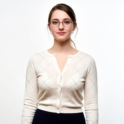 Young woman in white cardigan glasses