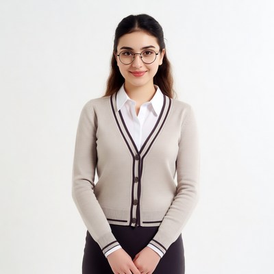 Smiling woman in glasses and cardigan