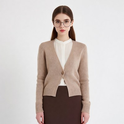 Woman in beige cardigan and skirt