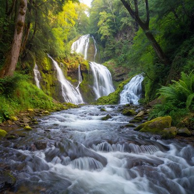 Majestic Multi-Tiered Waterfall in Lush Forest