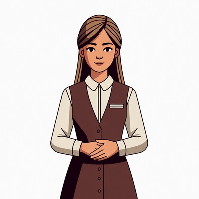Asian woman in brown vest uniform