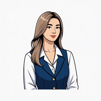 Asian woman in navy vest suit