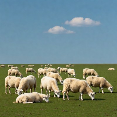 Herd of sheep grazing on green field