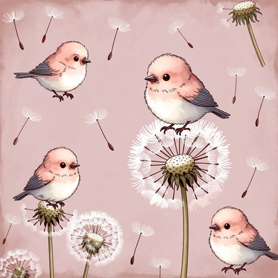 Cute pink birds on dandelions
