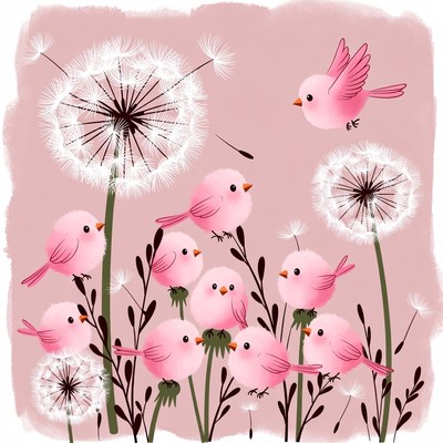 Pink birds on dandelion flowers