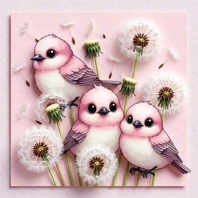 Pink birds with dandelions illustration