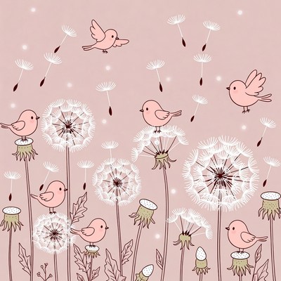Pink Dandelion Illustration with Birds