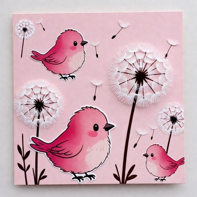 Pink birds with dandelions illustration