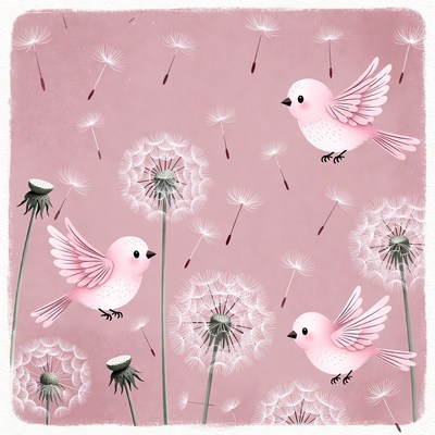 Pink birds flying with dandelions