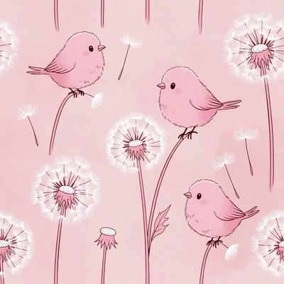 Pink Dandelion Birds Seamless Pattern