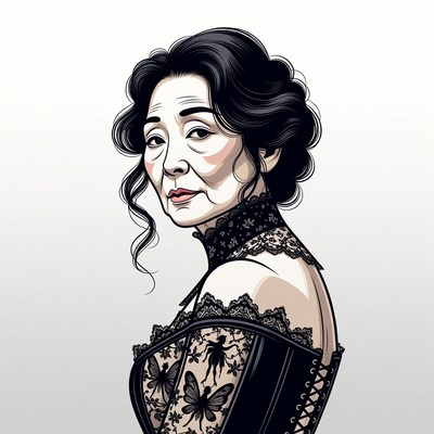 Asian woman in black lace corset