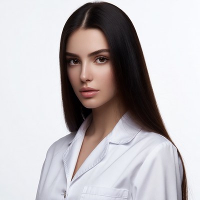 Woman in white lab coat