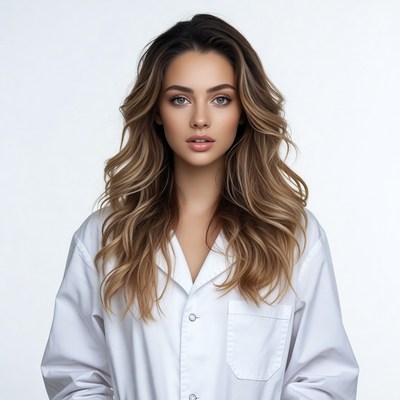 Beautiful woman in white lab coat