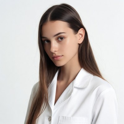 Young woman in white lab coat