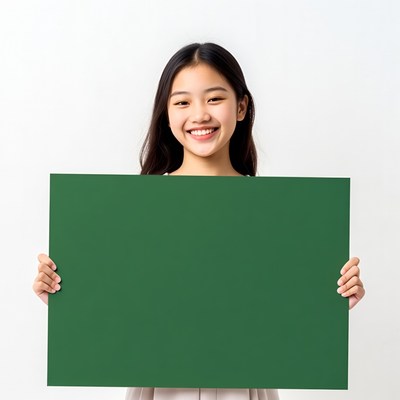 Asian girl holding green blank sign