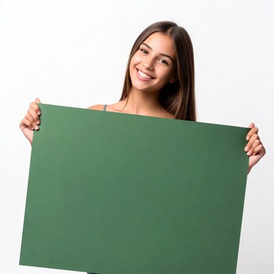 Smiling woman holding green blank sign