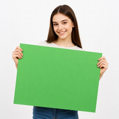 Smiling girl holding green blank sign