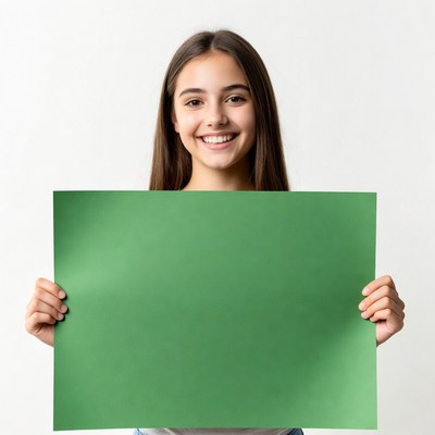 Teen girl holding green blank sign