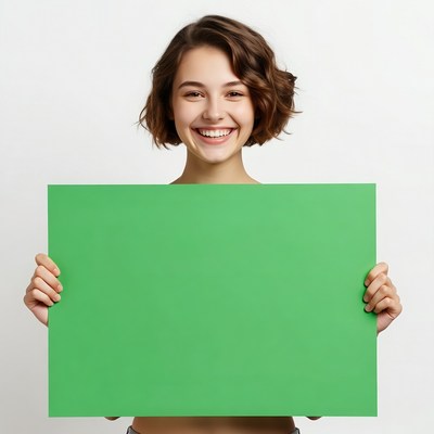 Smiling woman holding green blank sign