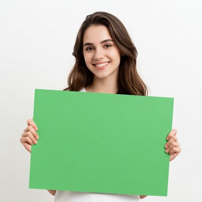 Smiling woman holding green blank sign