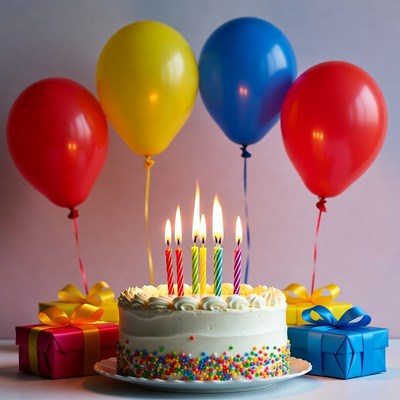 Birthday cake with candles and balloons