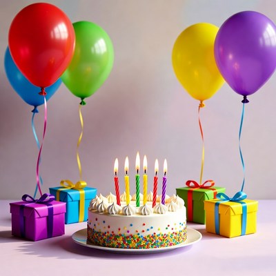 Birthday Cake with Candles and Balloons