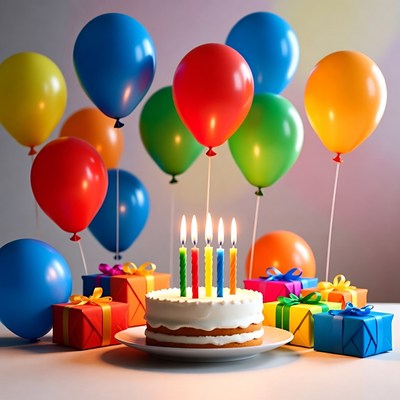 Birthday Cake with Candles and Balloons