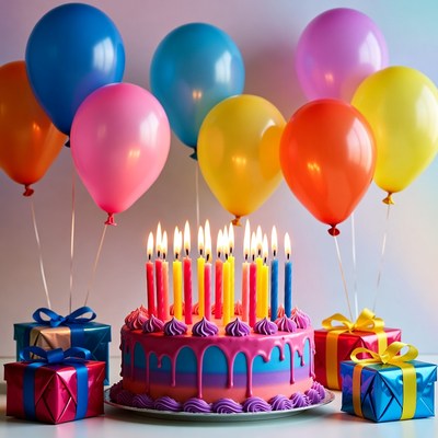 Birthday Cake with Candles and Balloons
