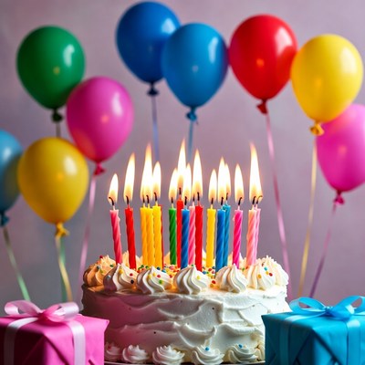Birthday Cake with Candles and Balloons