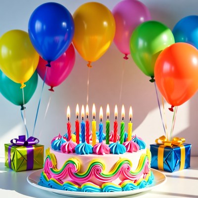 Birthday Cake with Candles and Balloons