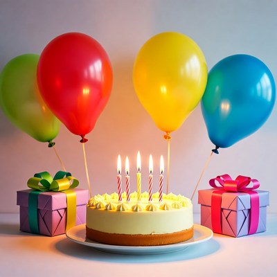 Birthday Cake with Candles and Balloons