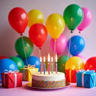 Birthday cake with candles and balloons