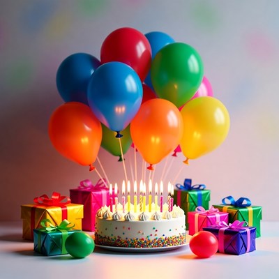 Birthday Cake with Balloons and Gifts