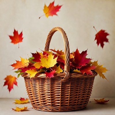 Wicker Basket Overflowing with Autumn Leaves