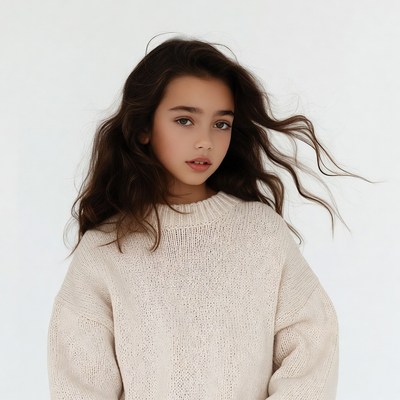 Girl with wavy brown hair in white sweater