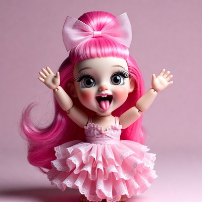 Pink-haired doll sticking out tongue