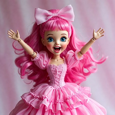 Pink-haired doll with arms raised