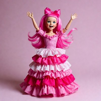 Pink Doll in Ruffled Dress Raising Arms
