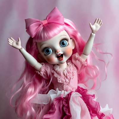 Pink-haired doll raising arms happily