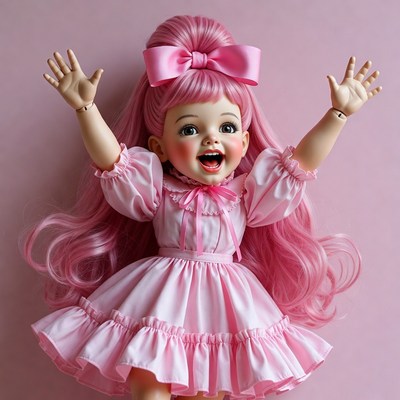 Pink-haired doll girl with arms raised