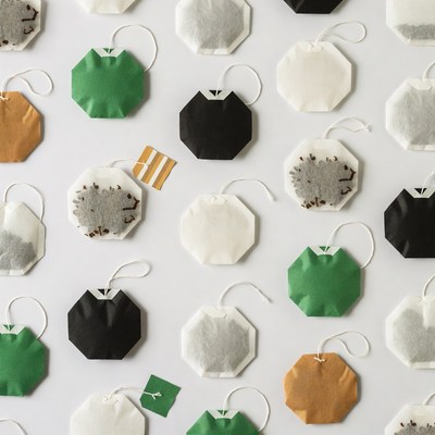Assortment of tea bags on white background