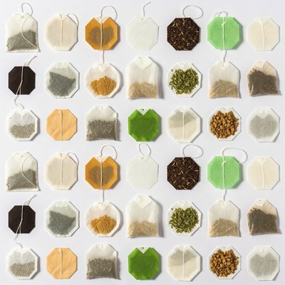 Assortment of Tea Bags on White Background